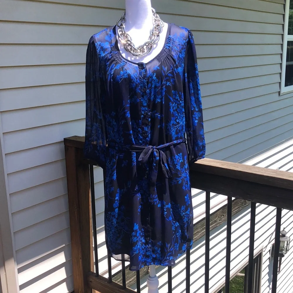 Navy Floral Shirt Dress by Express - Picture 1 of 16